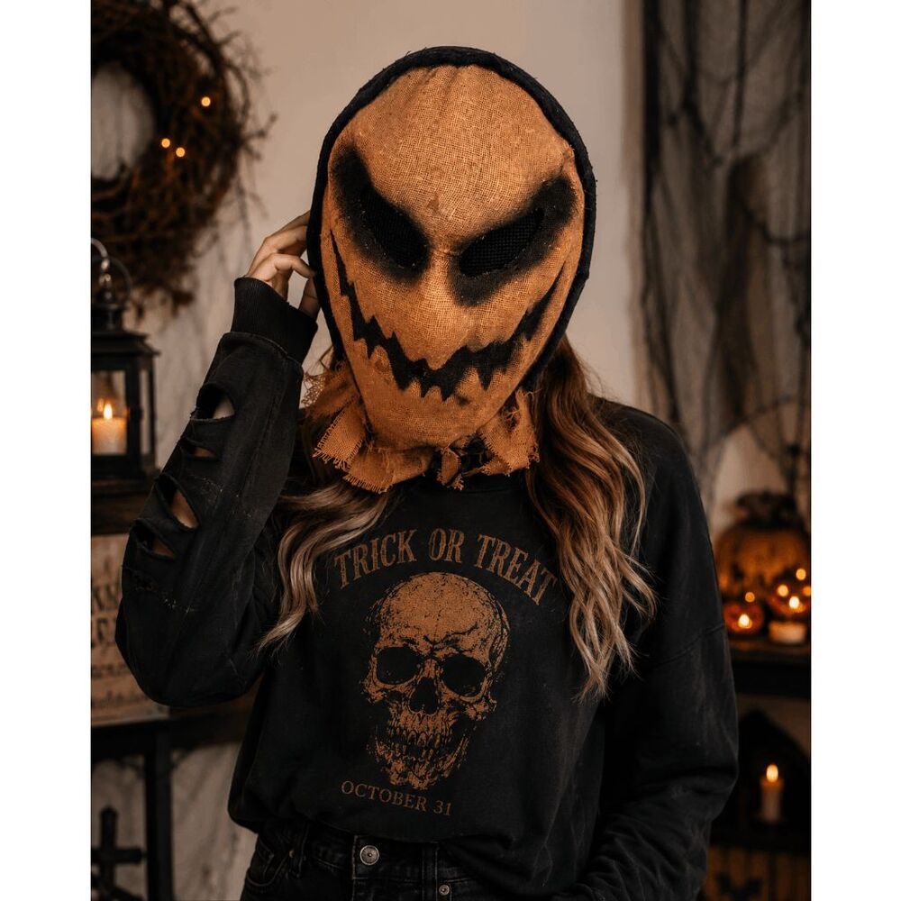 Halloween Mask Pumpkin Mask Orange And Black.  Burlap Like Material